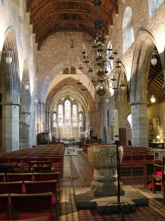 Picture of the Nave and Font, Brecon Cathedral, Brecon, Brecknockshire, South Wales