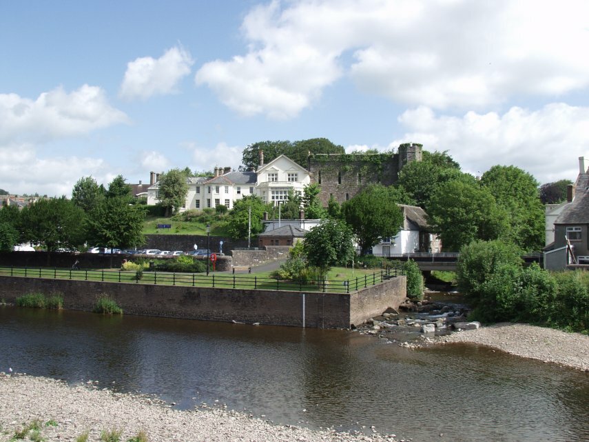 The confluence of the Rivers Usk and Honddu, Brecon, Brecknockshire, Wales.