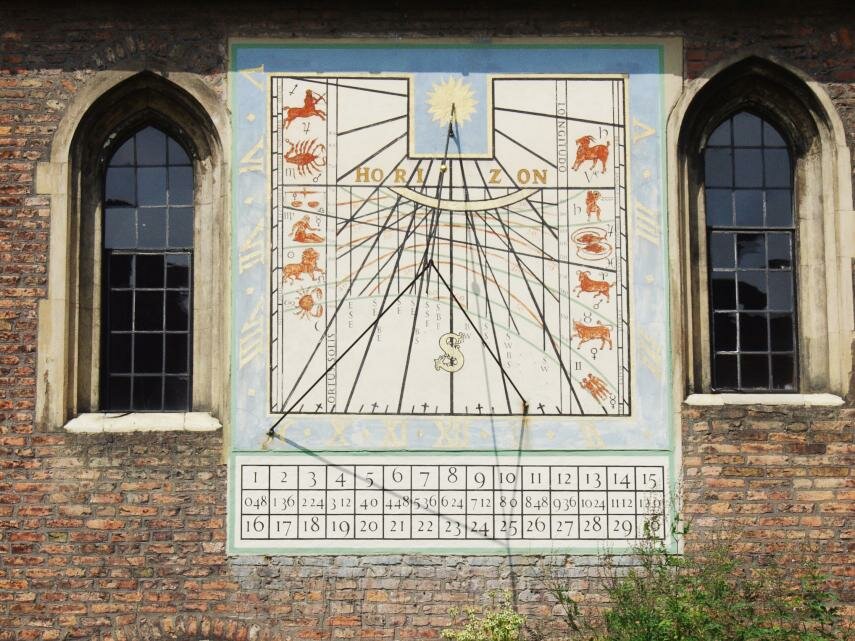The Sundial in Old Court, Queens College, Cambridge, Cambridgeshire, England, Great Britain