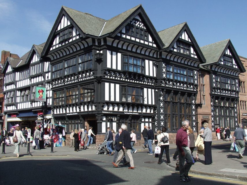 View of the Royal Bank of Scotland building on the corner of Frodsham Street and Foregate Street, Chester, Cheshire, England.