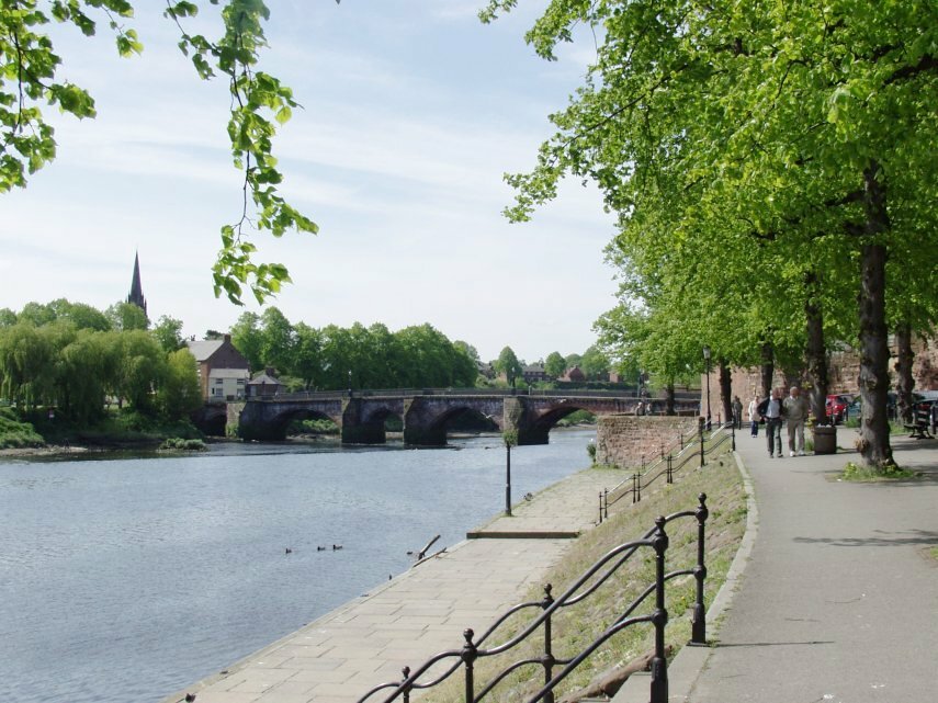 View of the Old Dee Bridge from The Groves, Cheshire, England