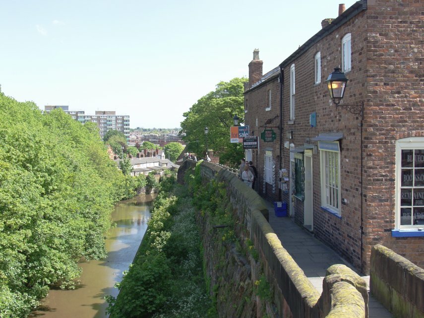 View of shops on the city wall, Chester, Cheshire, Great Britain