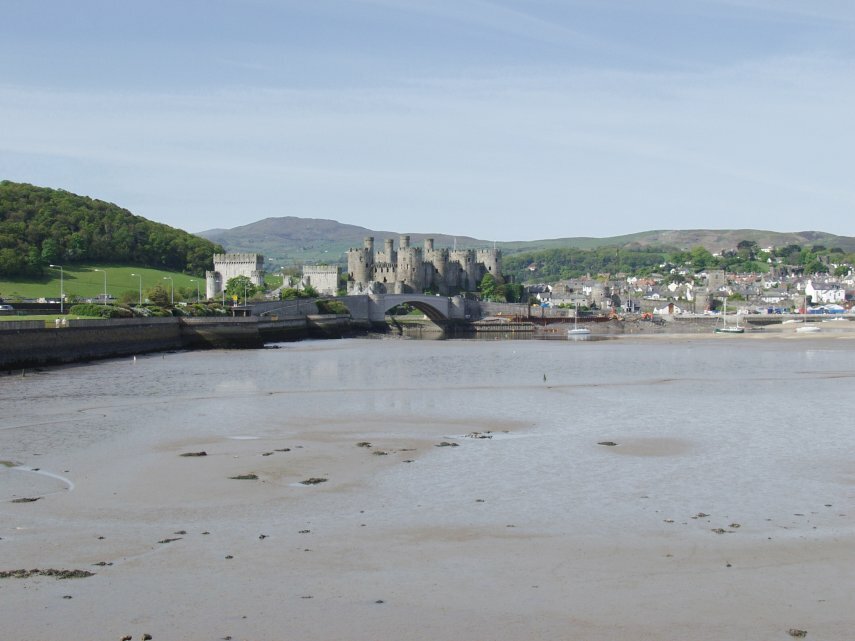 Conwy Castle and the town seen from across the river, Conwy, Caernarfonshire, Wales, Great Britain
