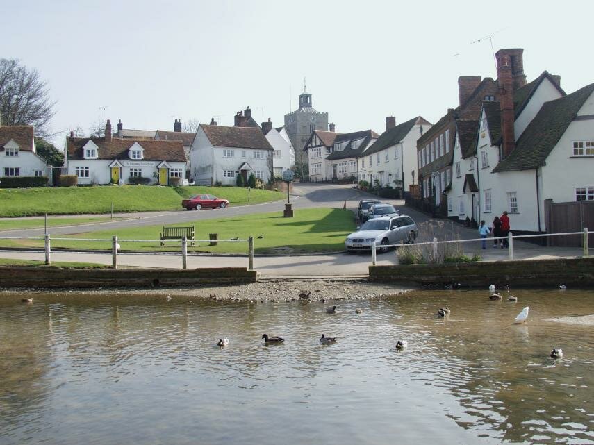 View of the village pond, Finchingfield, Essex, England, Great Britain