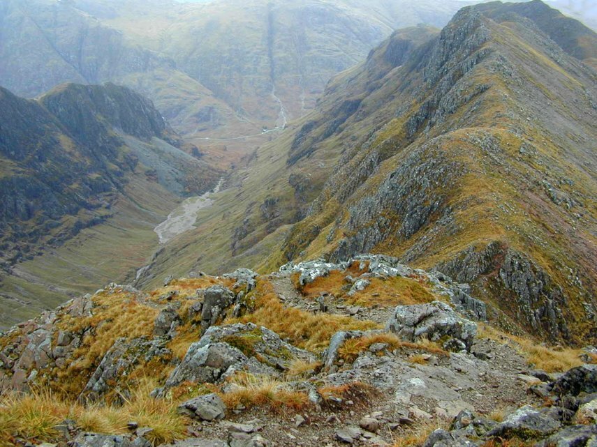 Scene looking out over the Hidden Valley from Bidean nam Bian towards Glen Coe