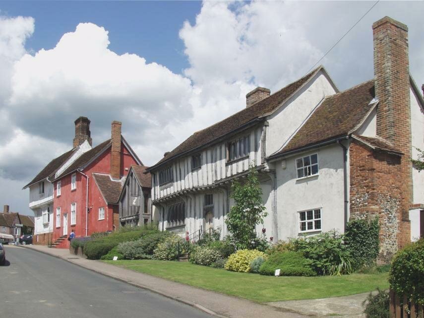 Scene showing medieval houses, Lavenham, Suffolk, England