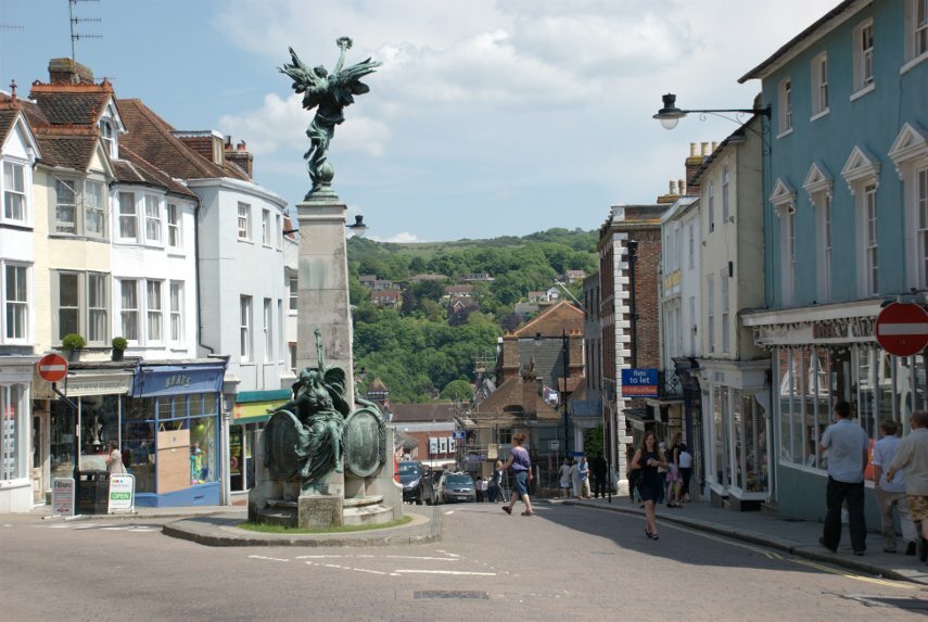 High Street and War Memorial, Lewes, Sussex, England, Great Britain