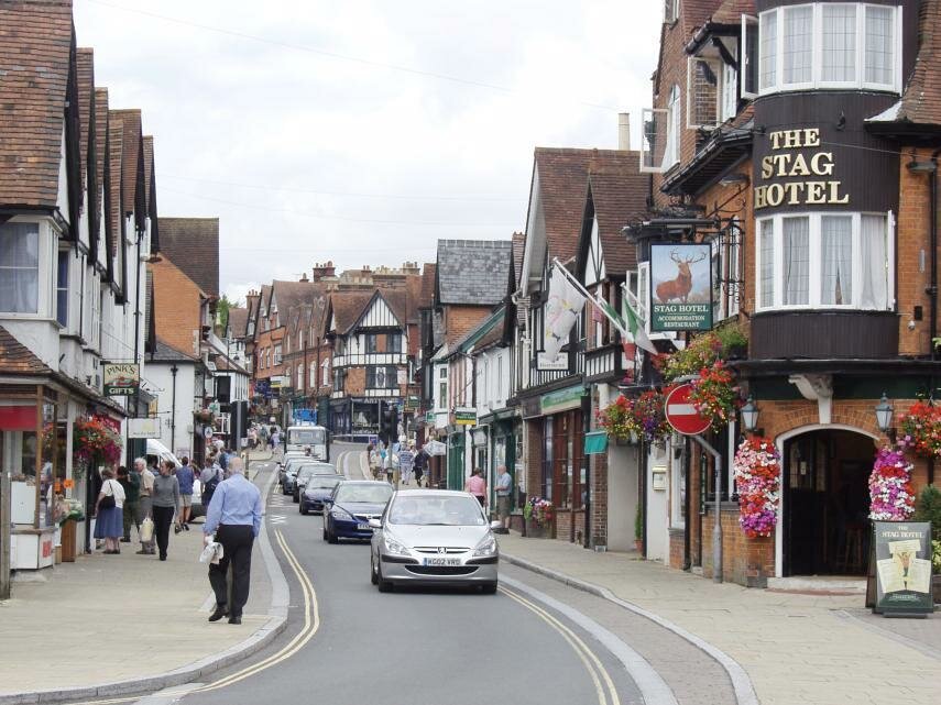 The main street through Lyndhurst, Hampshire, England
