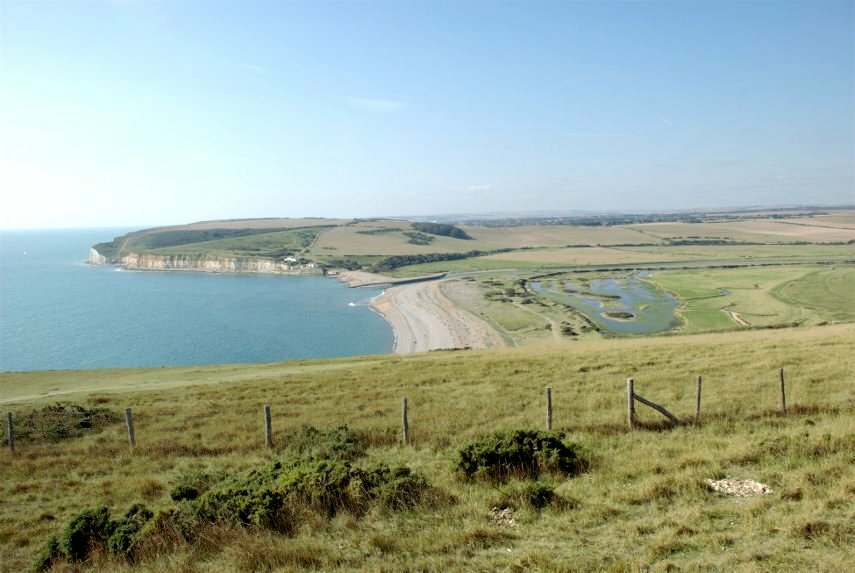 Cuckmere Haven and Seaford Head from the top of the Seven Sisters Chalk Cliffs, Sussex, England, Great Britain