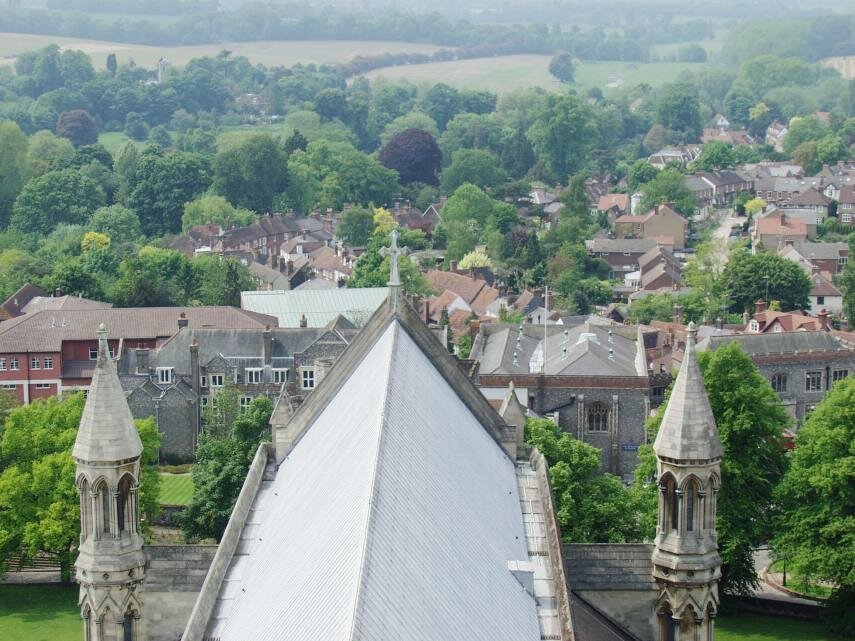 The view from the Tower, St. Albans Cathedral, St. Albans, Hertfordshire, England, Great Britain