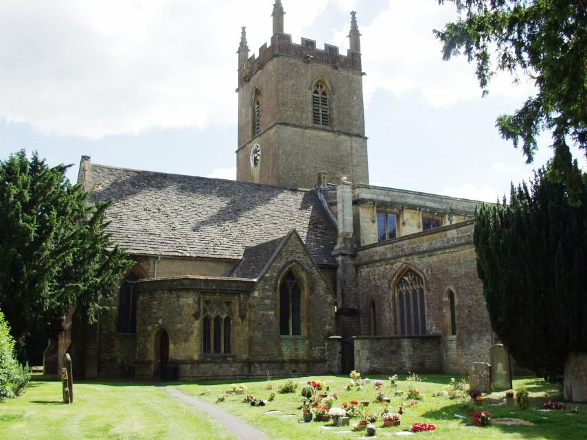 Scene showing the church of St. Edward, Stow-on-the-Wold, Gloucestershire, England