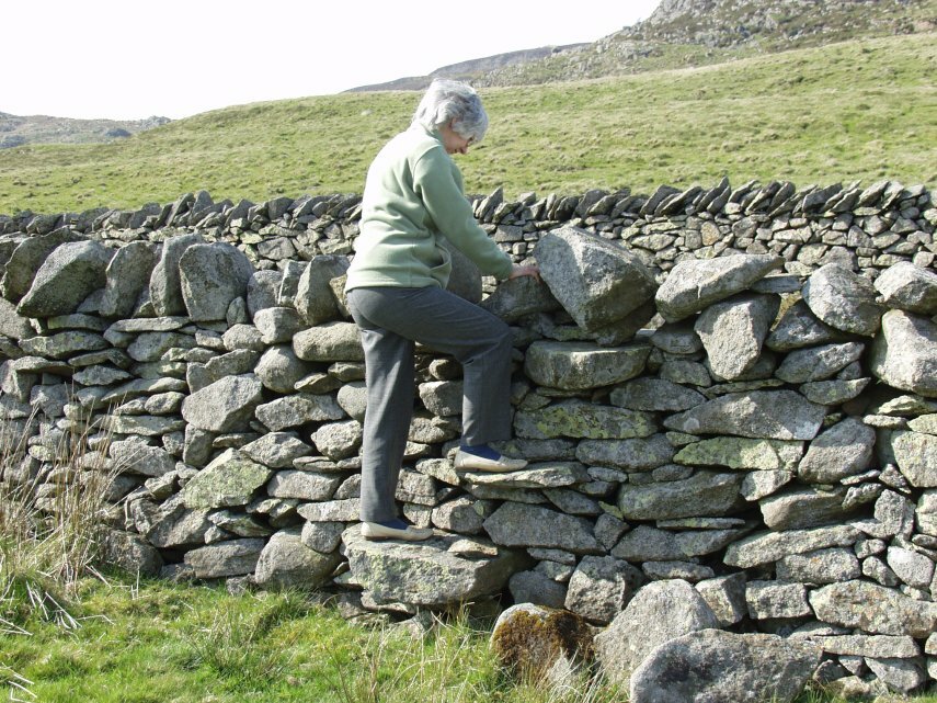 View of a Stile built in to a stone wall.