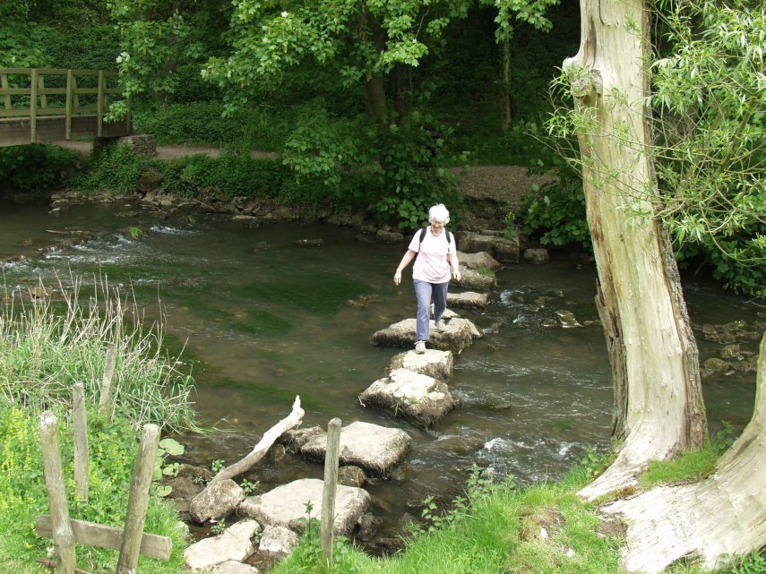 Scene showing stepping stones in Wolfscote Dale, Hartington, Peak District, Derbyshire, England