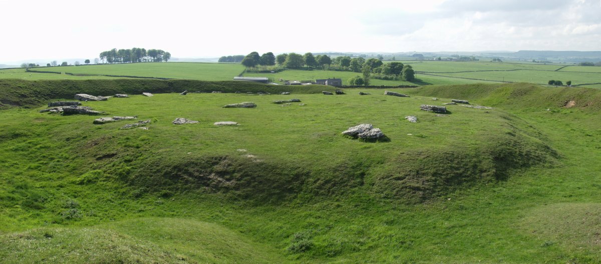 Panoramic view of Arbor Low - an ancient stone henge in the Derbyshire Peak District